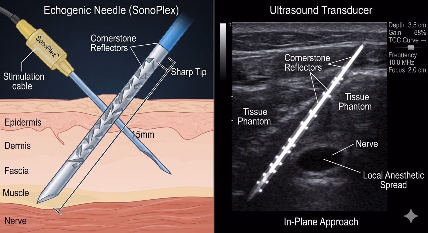 Needle with cornerstone reflector indentations near the tip
